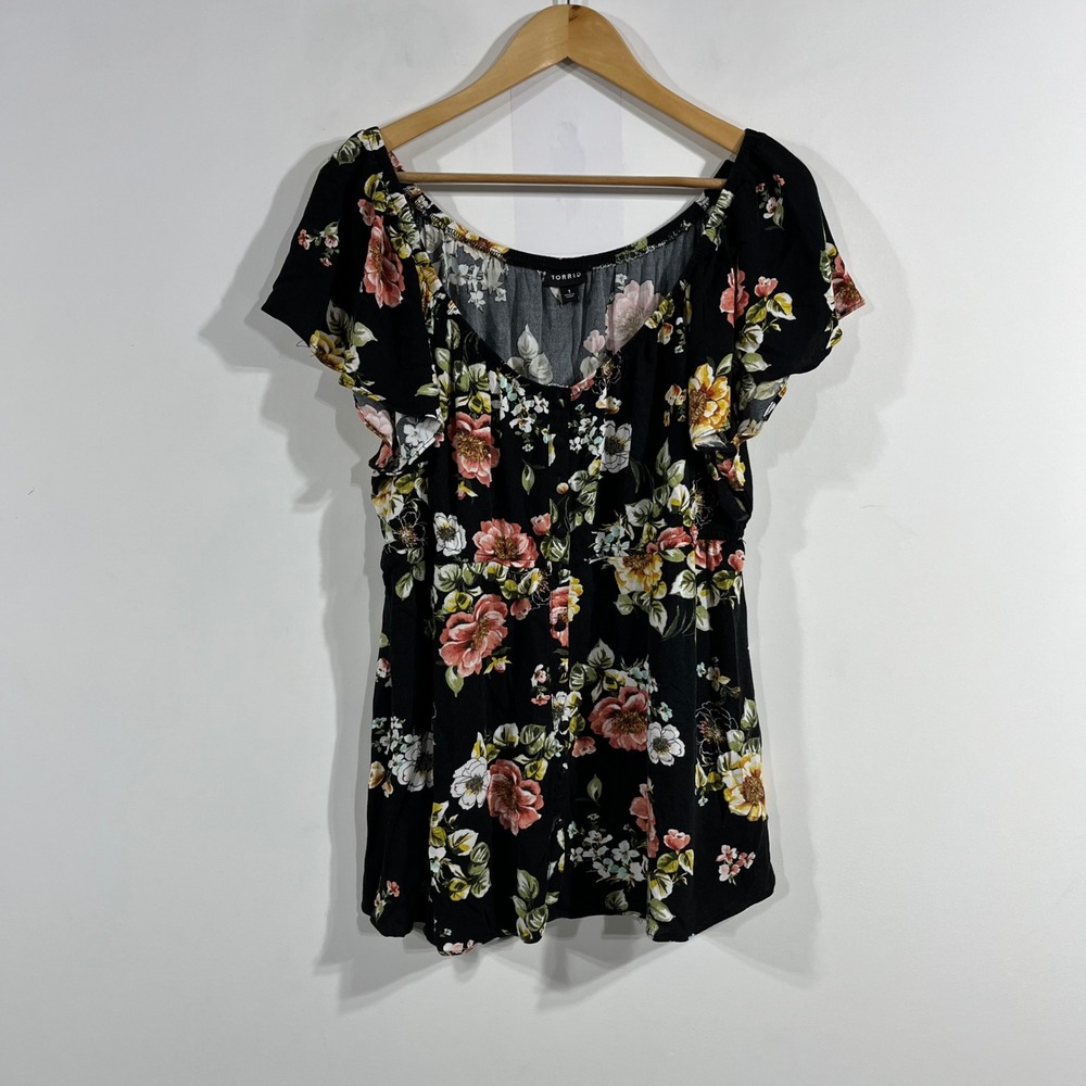 torrid Black Floral Peplum Top with Pink and Yellow Roses